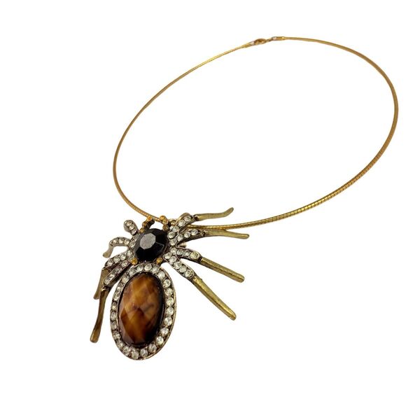 Vtg Gold Tone Spider Pendant Choker Necklace 16.5" With Rhinestones Statement - Picture 7 of 12